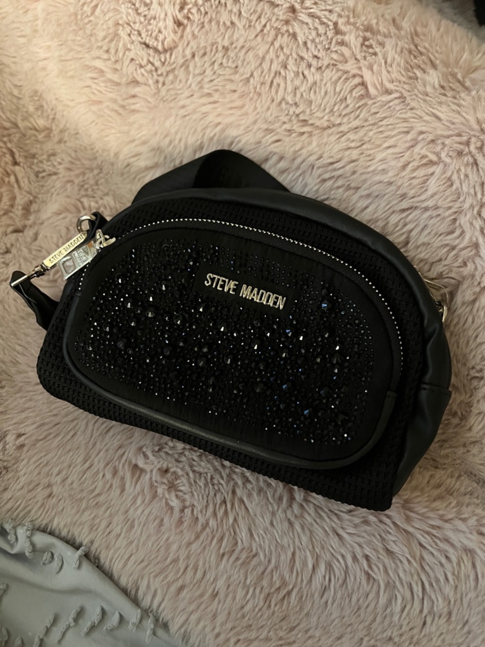 Steve Madden Black Crystal Front-Pocket Crossbody Bag